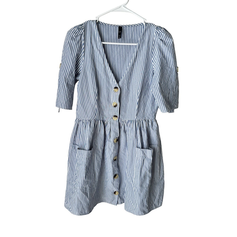 Zara TRF Blue White Striped Button Front Mini Dress Puff Sleeve V-Neck Medium